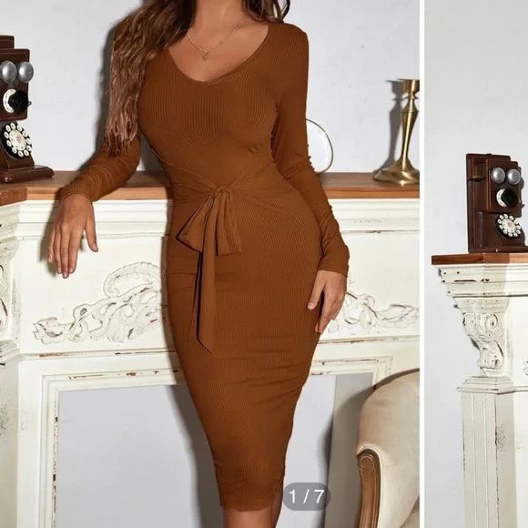 SHEIN | Dresses | Scoop Neck Tie Front Bodycon Dress Brown | Poshmark SHEIN | Dresses | Scoop Neck Tie Front Bodycon Dress Brown | Poshmark